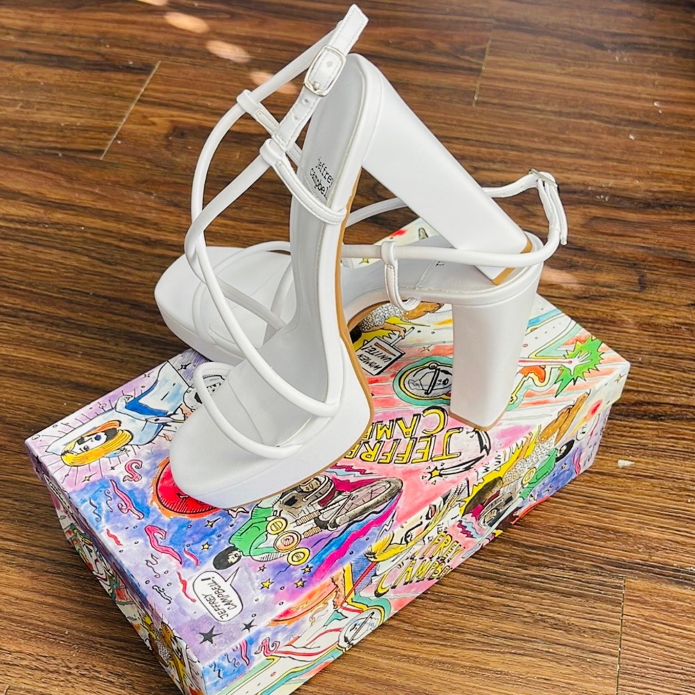 THIS SEASON White JEFFREY CAMPBELL strappy sandal heel